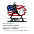 Softball player metal sign shown with a bold American flag design and cut metal sign feature details
