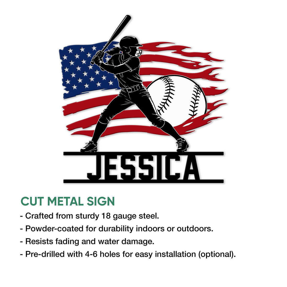 Softball player metal sign shown with a bold American flag design and cut metal sign feature details
