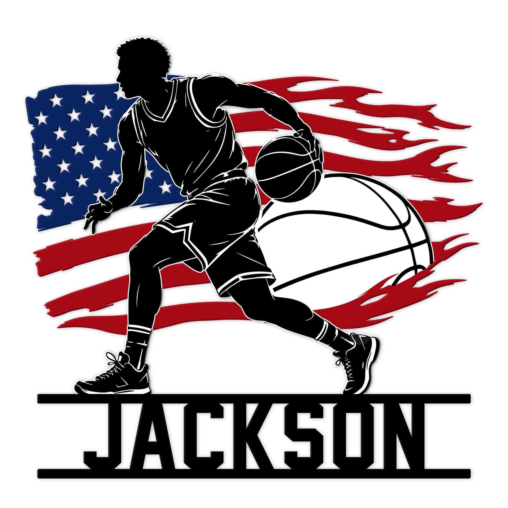 Custom basketball metal sign featuring a dribbling player silhouette over a patriotic American flag design