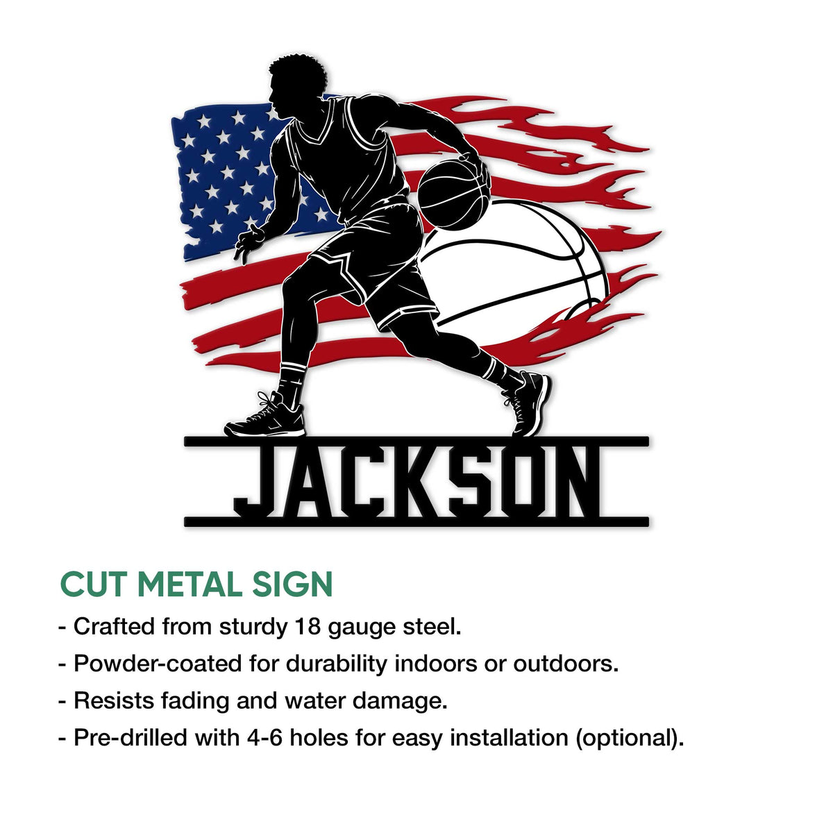 Basketball player metal sign shown with a patriotic flag backdrop and bold lower nameplate design