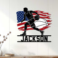 Patriotic basketball wall sign displayed in a bright home interior with a dribbling player silhouette