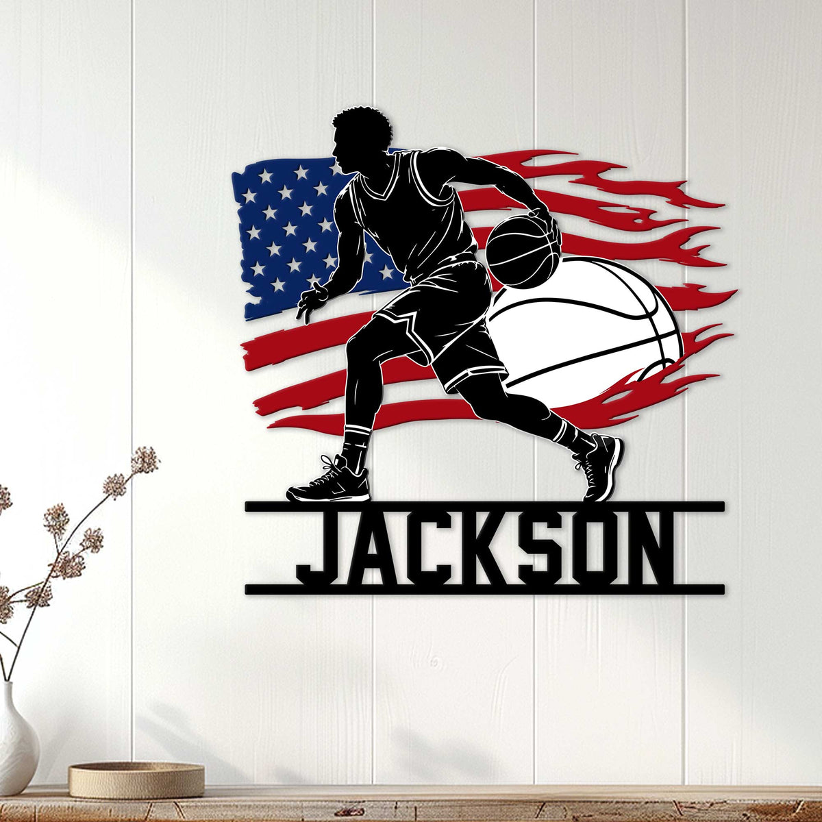 Patriotic basketball wall sign displayed in a bright home interior with a dribbling player silhouette