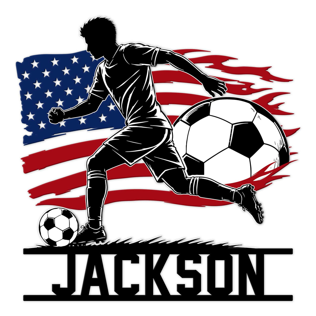 Custom soccer metal sign featuring a dynamic player silhouette, soccer balls, and an American flag backdrop