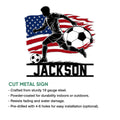 Soccer player metal sign feature graphic showing the cut-metal design and available size options