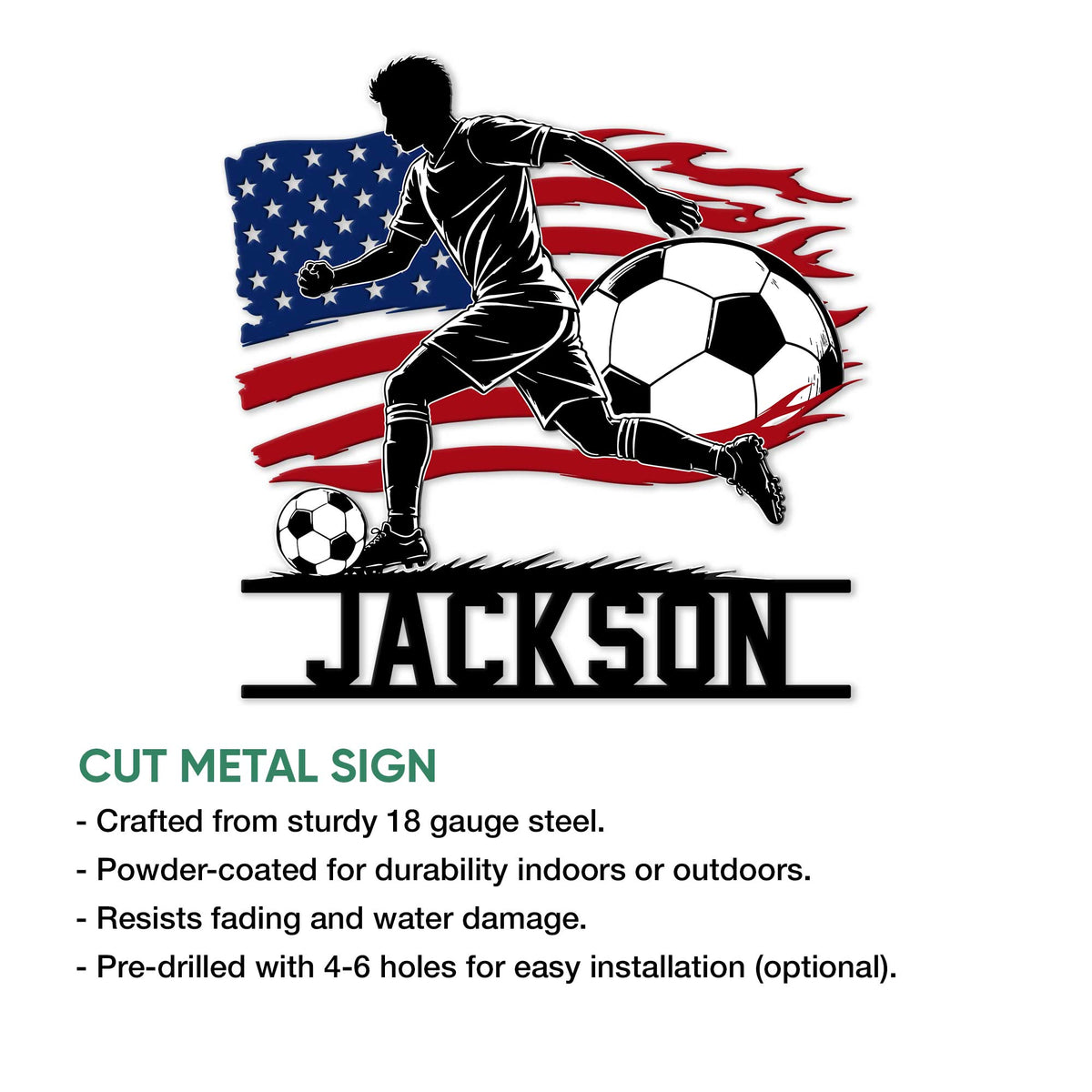 Soccer player metal sign feature graphic showing the cut-metal design and available size options