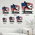 Soccer metal sign size guide showing the player and soccer ball design in six square size options