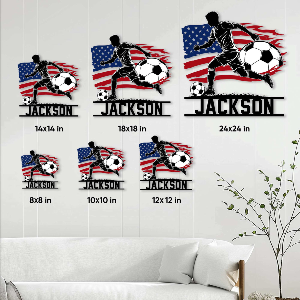 Soccer metal sign size guide showing the player and soccer ball design in six square size options