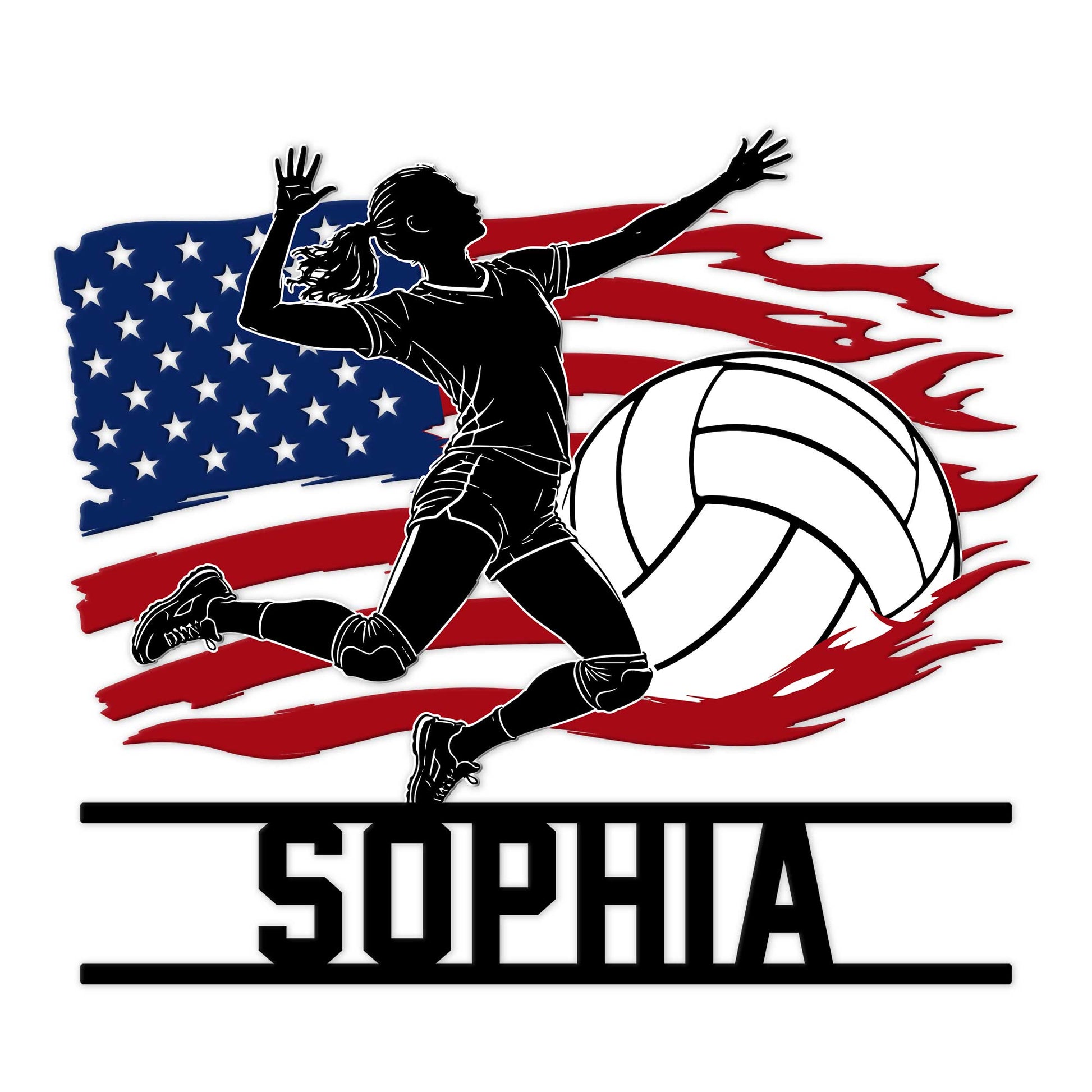 Volleyball metal sign featuring a female player silhouette, oversized volleyball, and distressed American flag design