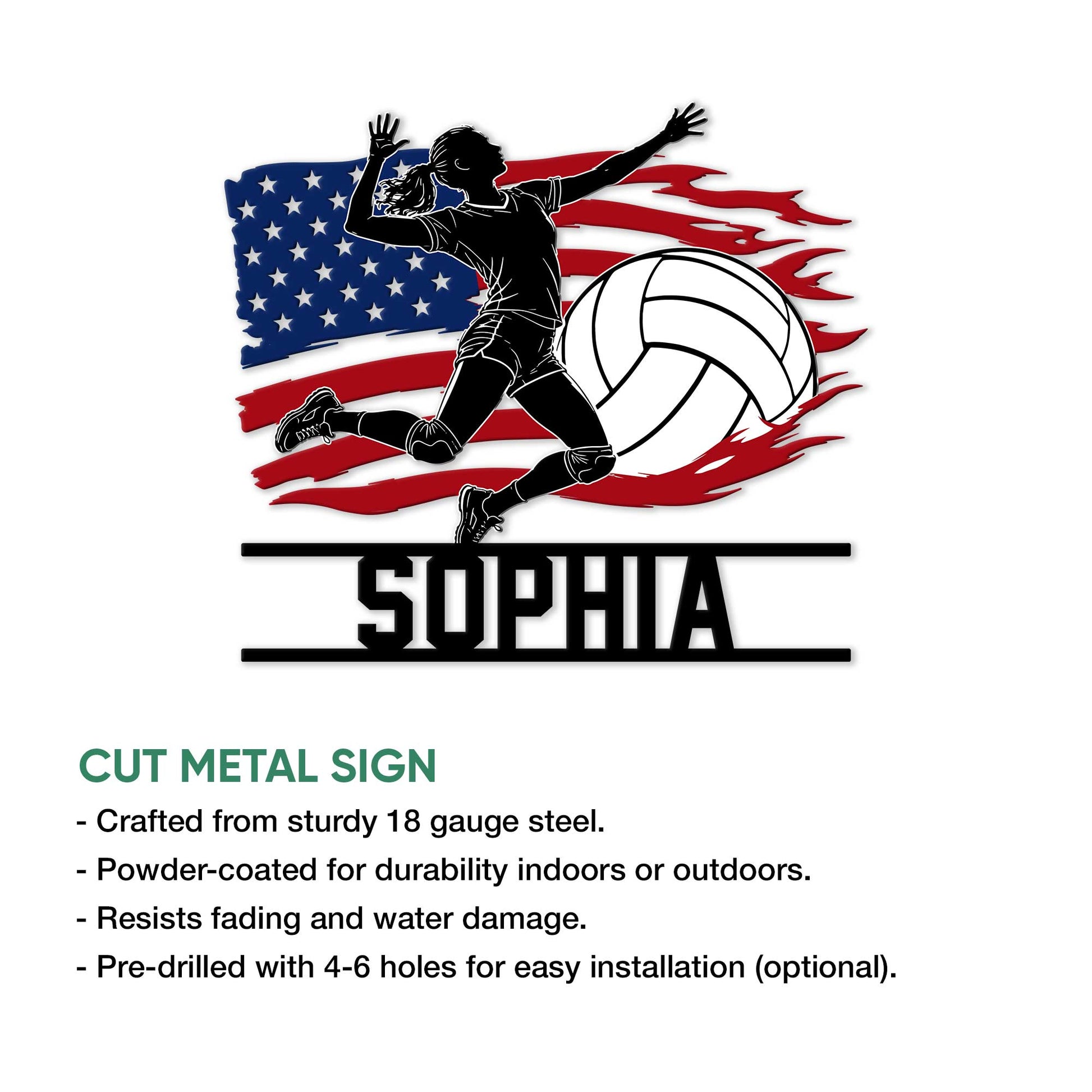 Custom volleyball cut metal sign shown with a female player silhouette and patriotic red, white, and blue artwork