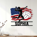 Patriotic volleyball wall decor displayed on a white wood wall, featuring a diving player silhouette and large ball