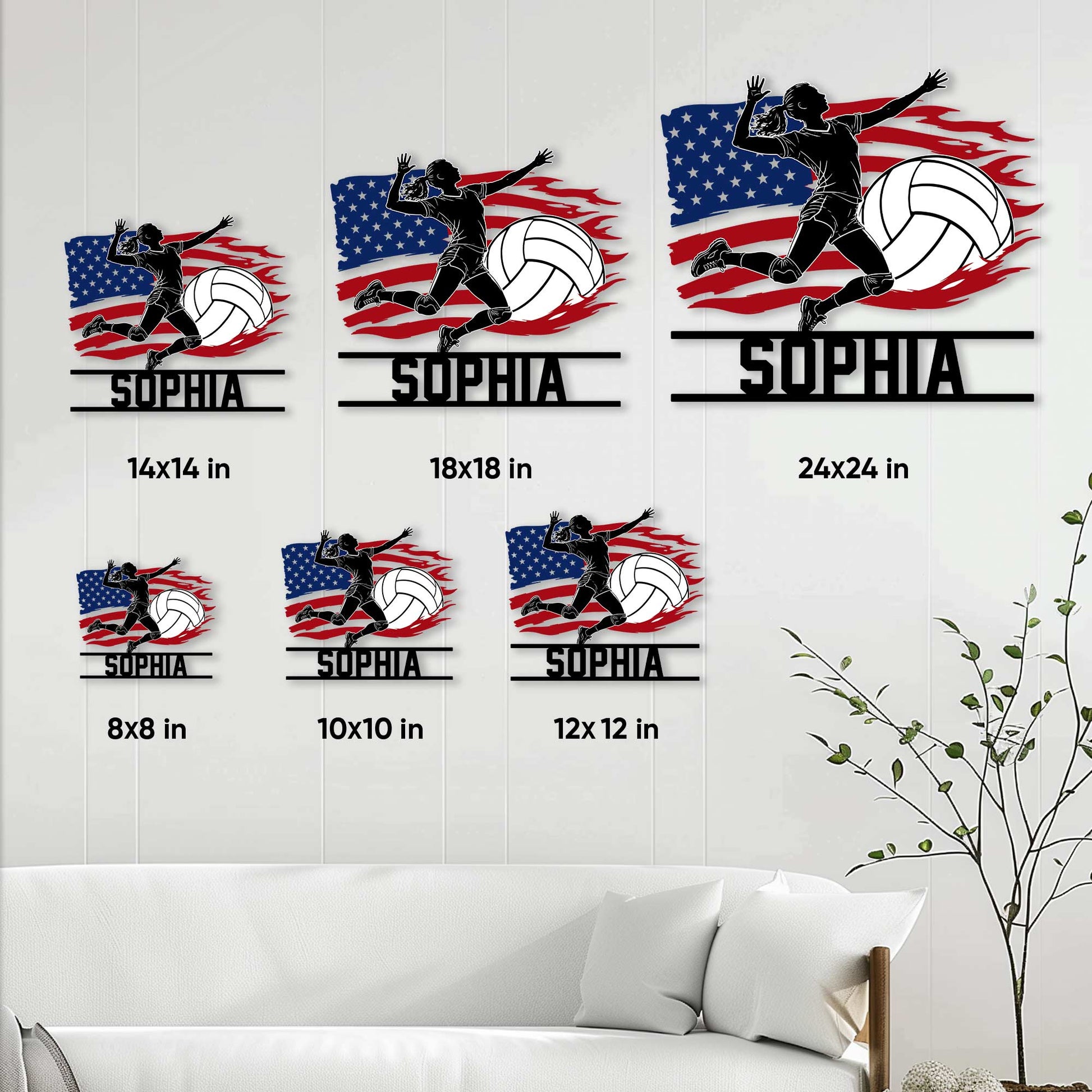 Volleyball metal sign size guide showing available square sizes from 8x8 to 24x24 inches
