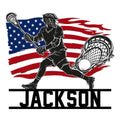 Patriotic lacrosse metal sign featuring an action player, lacrosse sticks, and an American flag backdrop