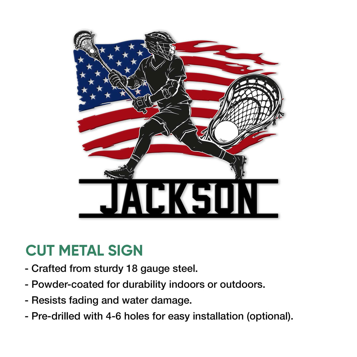 Lacrosse player metal sign feature graphic highlighting cut-metal artwork for indoor or outdoor display