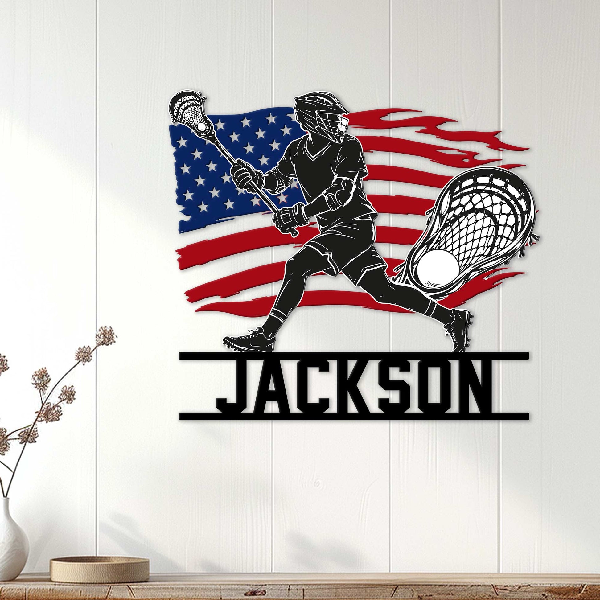 Patriotic lacrosse wall sign displayed on a light paneled wall above a console table