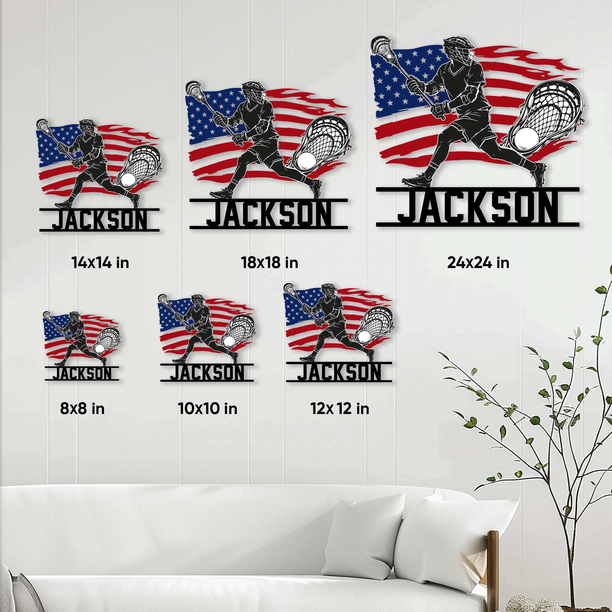 Lacrosse metal sign size guide showing six square options from 8 by 8 to 24 by 24 inches