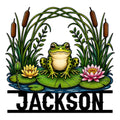 Colorful frog metal sign with lily pads, water lilies, cattails, and pond greenery