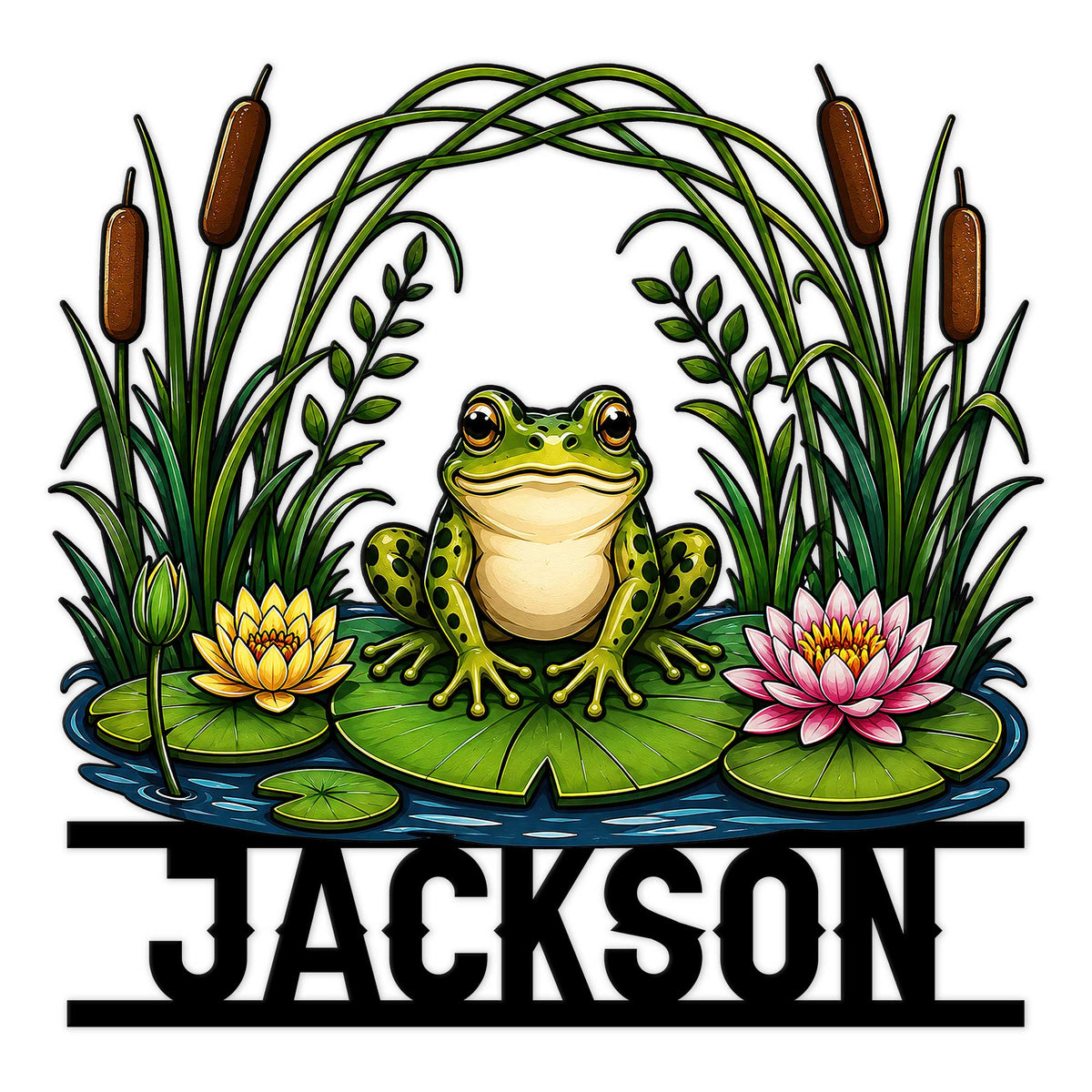 Colorful frog metal sign with lily pads, water lilies, cattails, and pond greenery