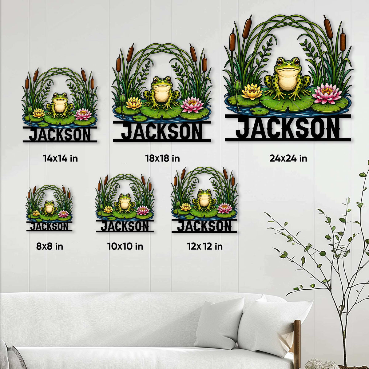 Frog metal sign size guide showing available sizes from 8 by 8 to 24 by 24 inches