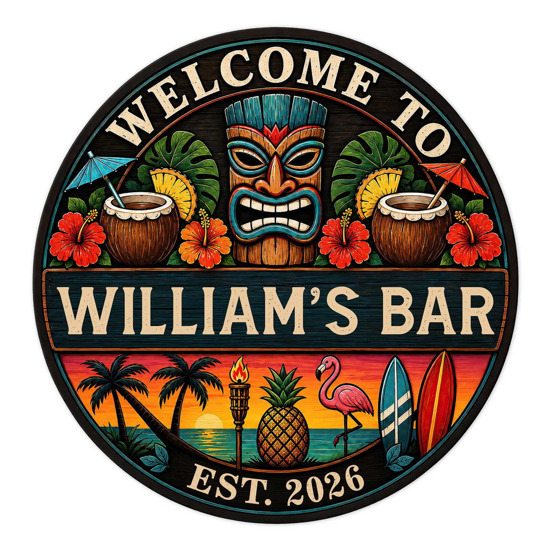 Round tiki bar metal sign with a carved tiki mask, tropical drinks, hibiscus flowers, and beach sunset artwork