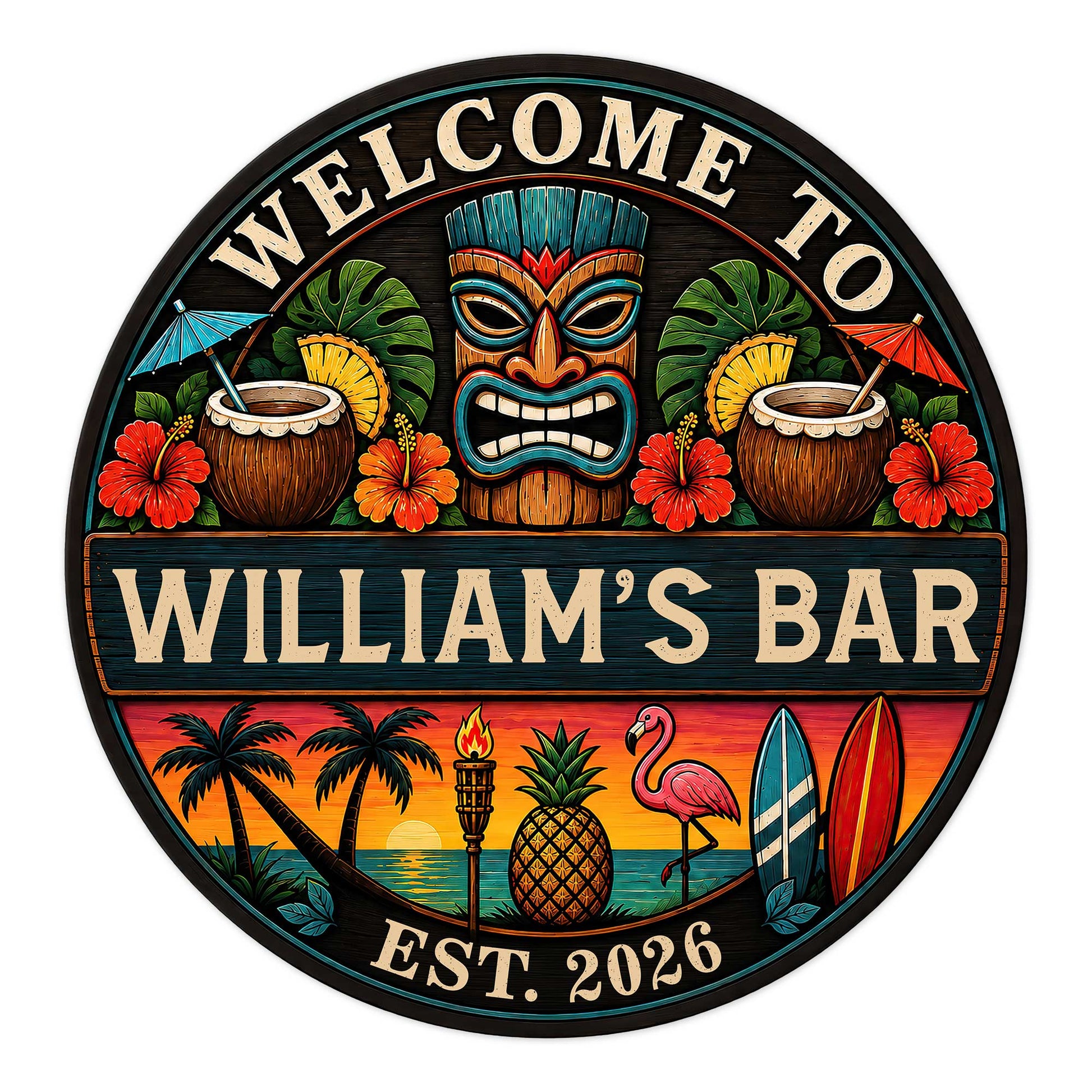 Round tiki bar metal sign with a carved tiki mask, tropical drinks, hibiscus flowers, and beach sunset artwork