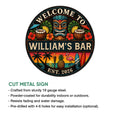 Tropical tiki bar metal sign shown with its colorful round design and cut metal construction details