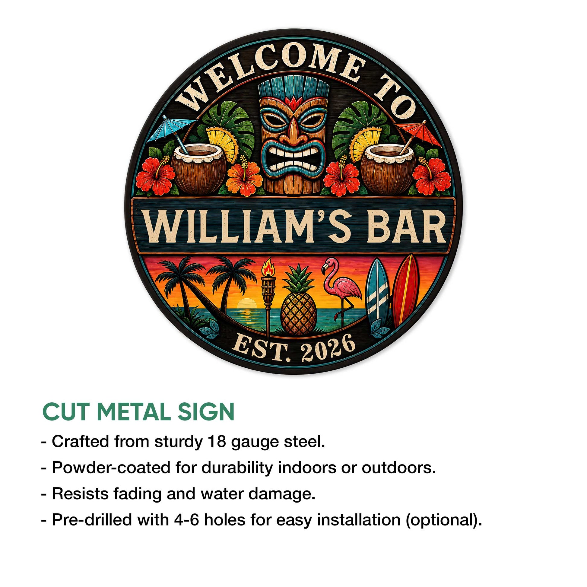 Tropical tiki bar metal sign shown with its colorful round design and cut metal construction details