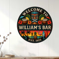 Tiki bar wall decor displayed on a white paneled wall with tropical mask, cocktails, and island sunset artwork