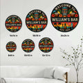 Tiki bar metal sign size guide showing round sign options from 8 by 8 inches to 24 by 24 inches