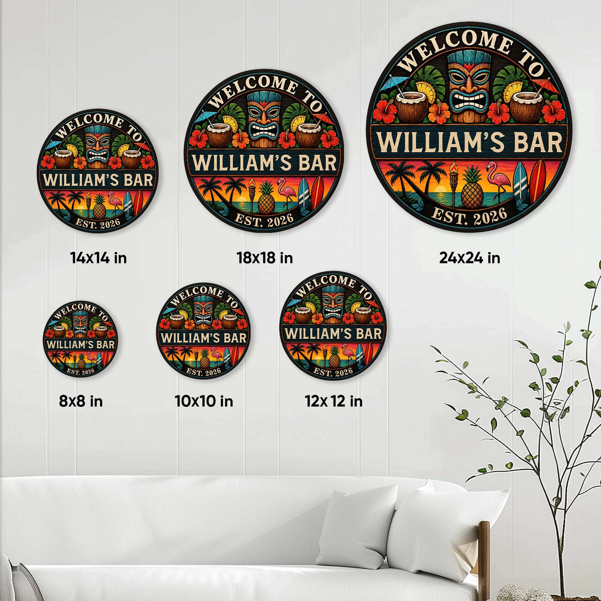 Tiki bar metal sign size guide showing round sign options from 8 by 8 inches to 24 by 24 inches