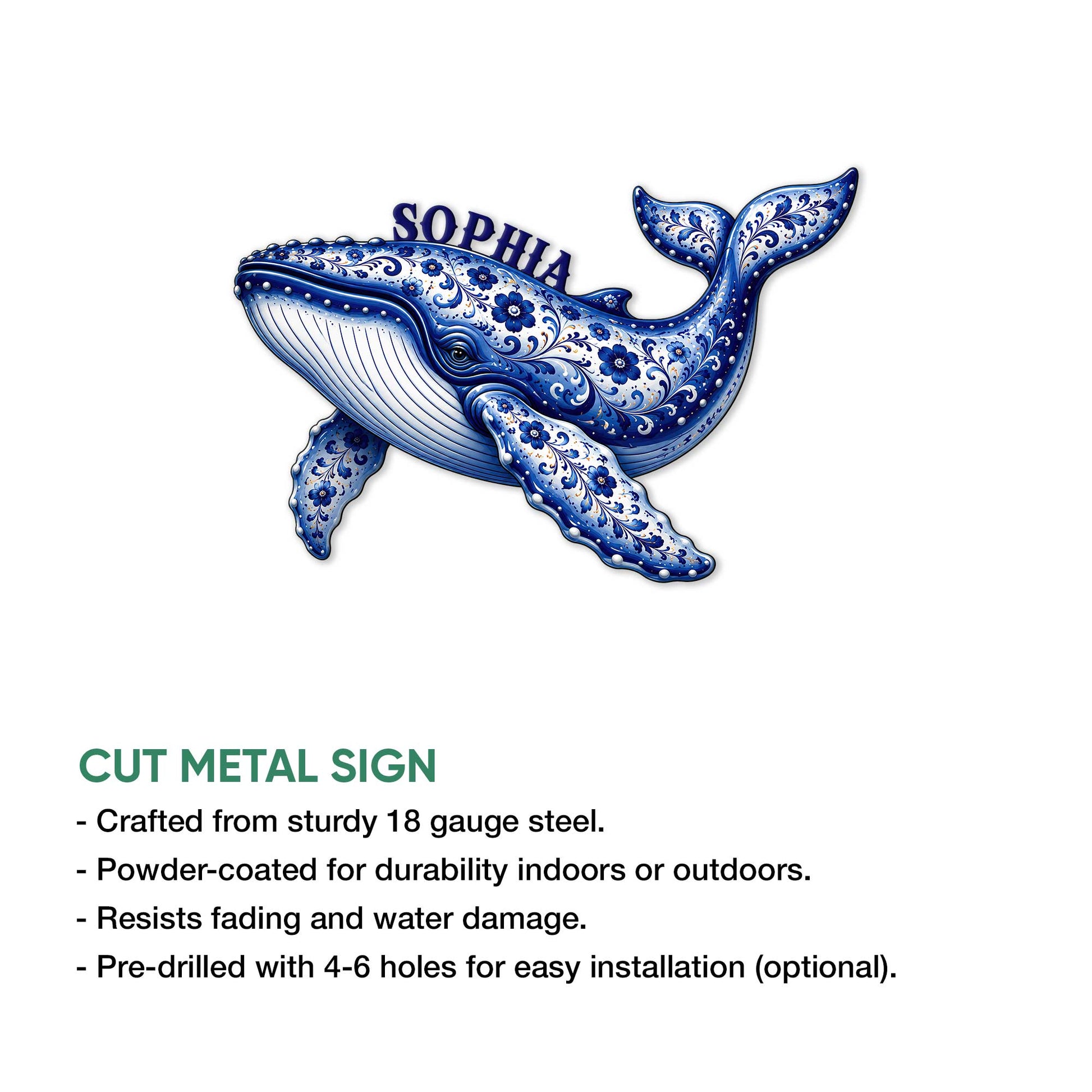 Blue floral whale metal sign shown with a cut-metal design and decorative ocean-inspired artwork