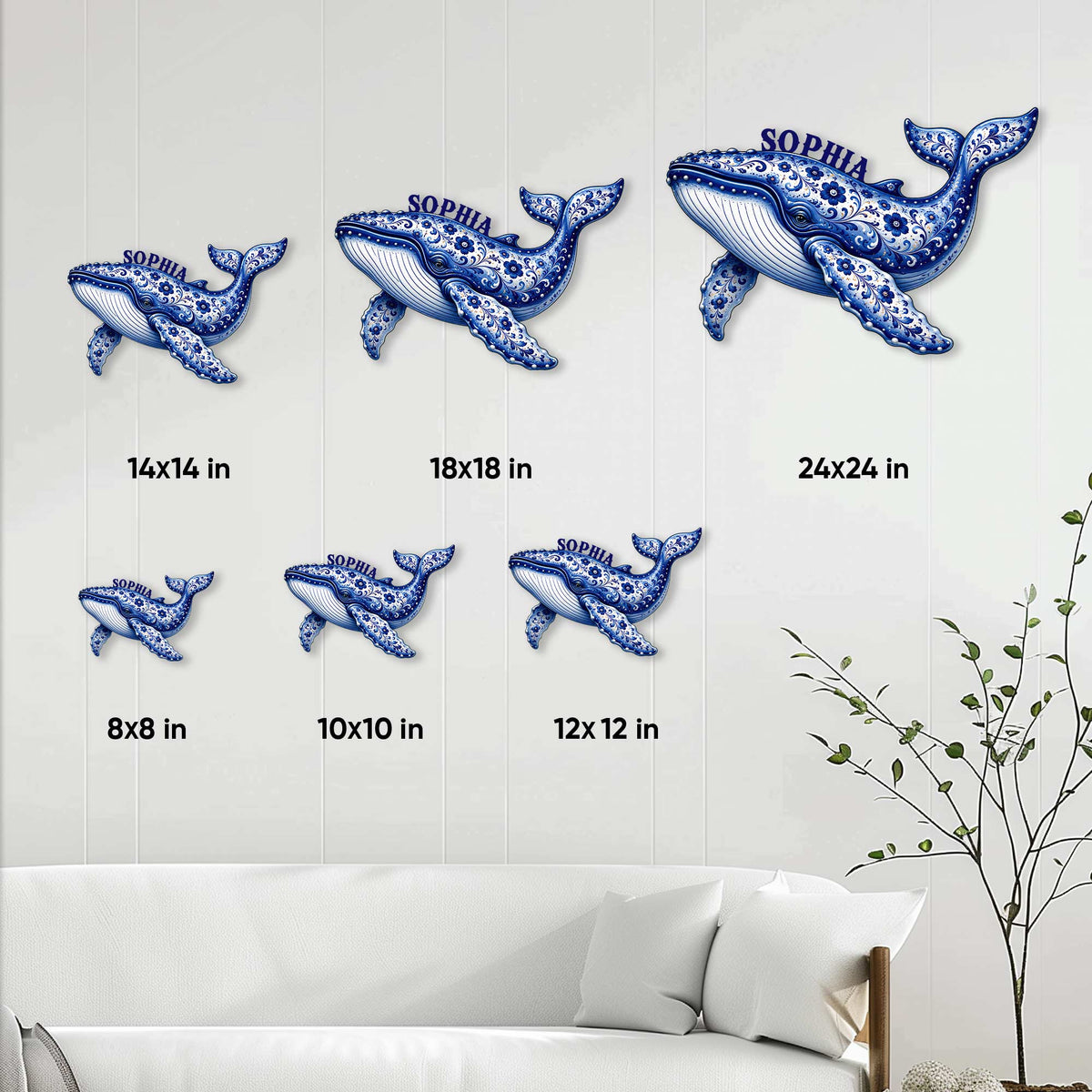 Whale metal sign size guide showing available square sizes from 8 by 8 to 24 by 24 inches