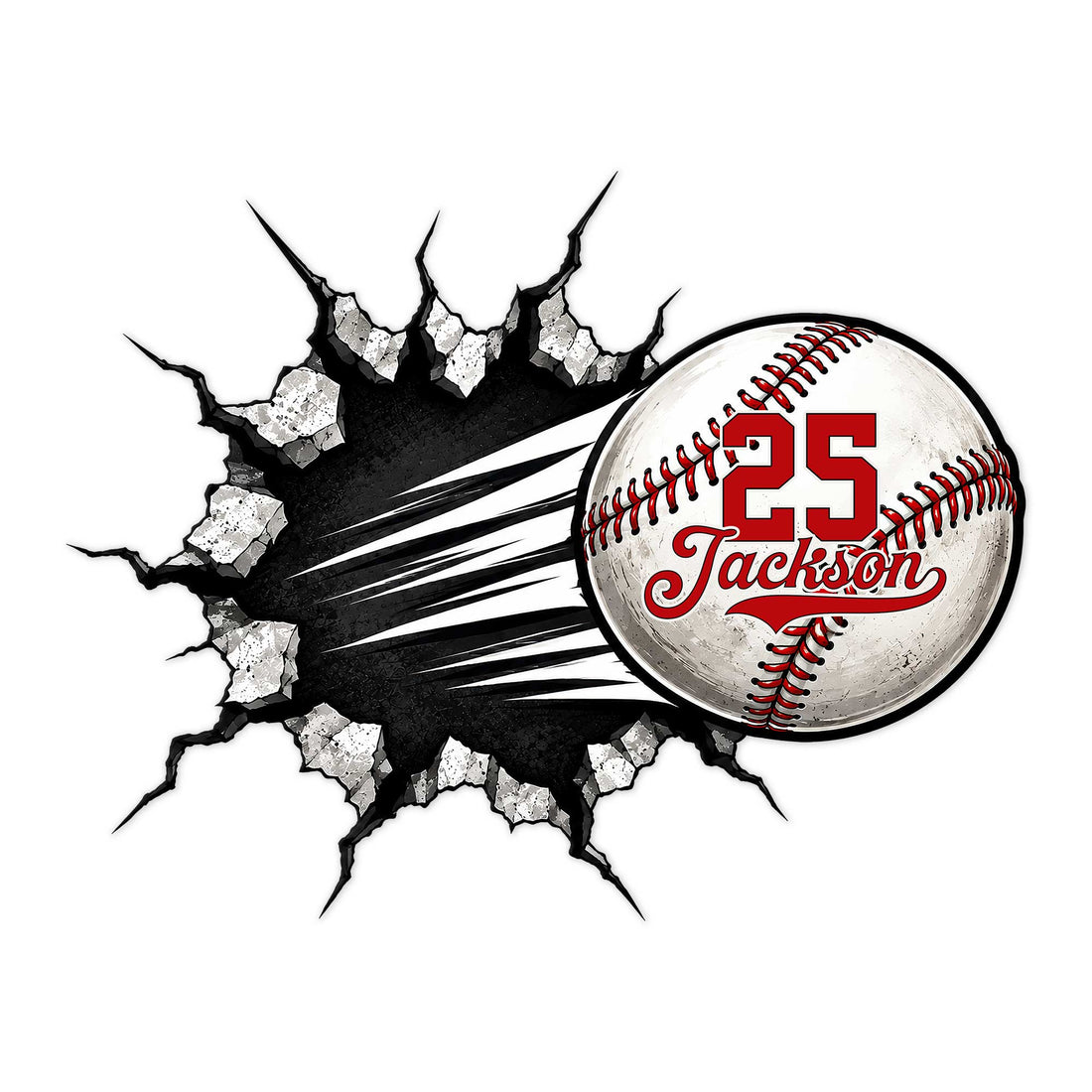 Custom baseball metal sign featuring a baseball bursting through a cracked wall with bold red stitching
