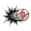 Custom baseball metal sign featuring a baseball bursting through a cracked wall with bold red stitching