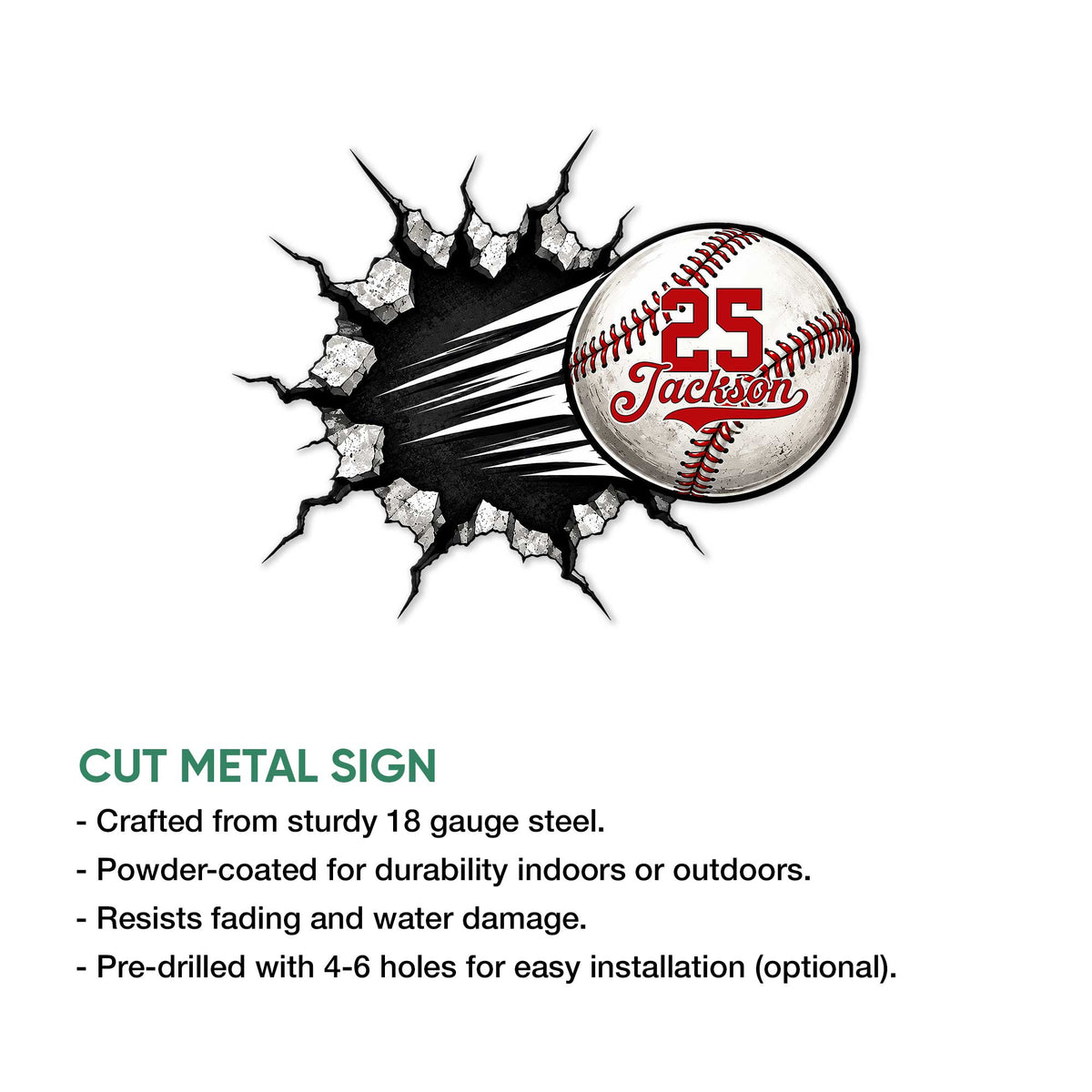Cut metal baseball sign shown with a dramatic cracked-wall effect and product feature callouts