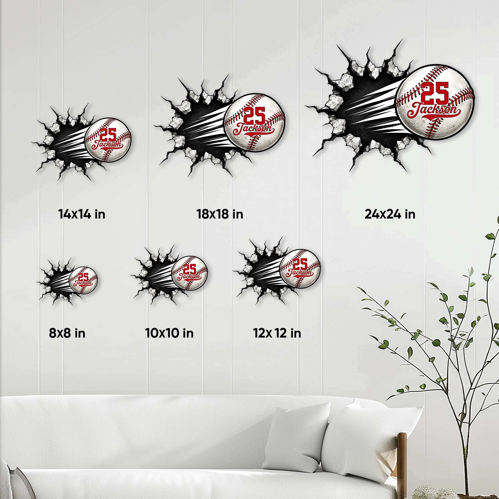 Baseball metal sign size guide showing available 8, 10, 12, 14, 18, and 24 inch options