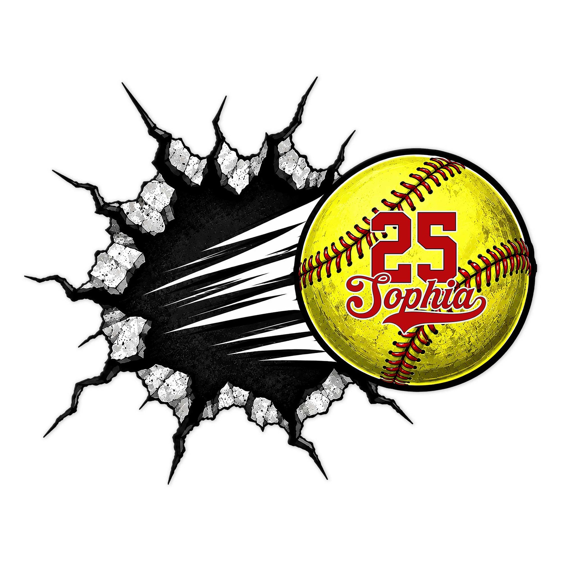 Custom softball metal sign featuring a bright yellow softball breaking through a cracked black wall