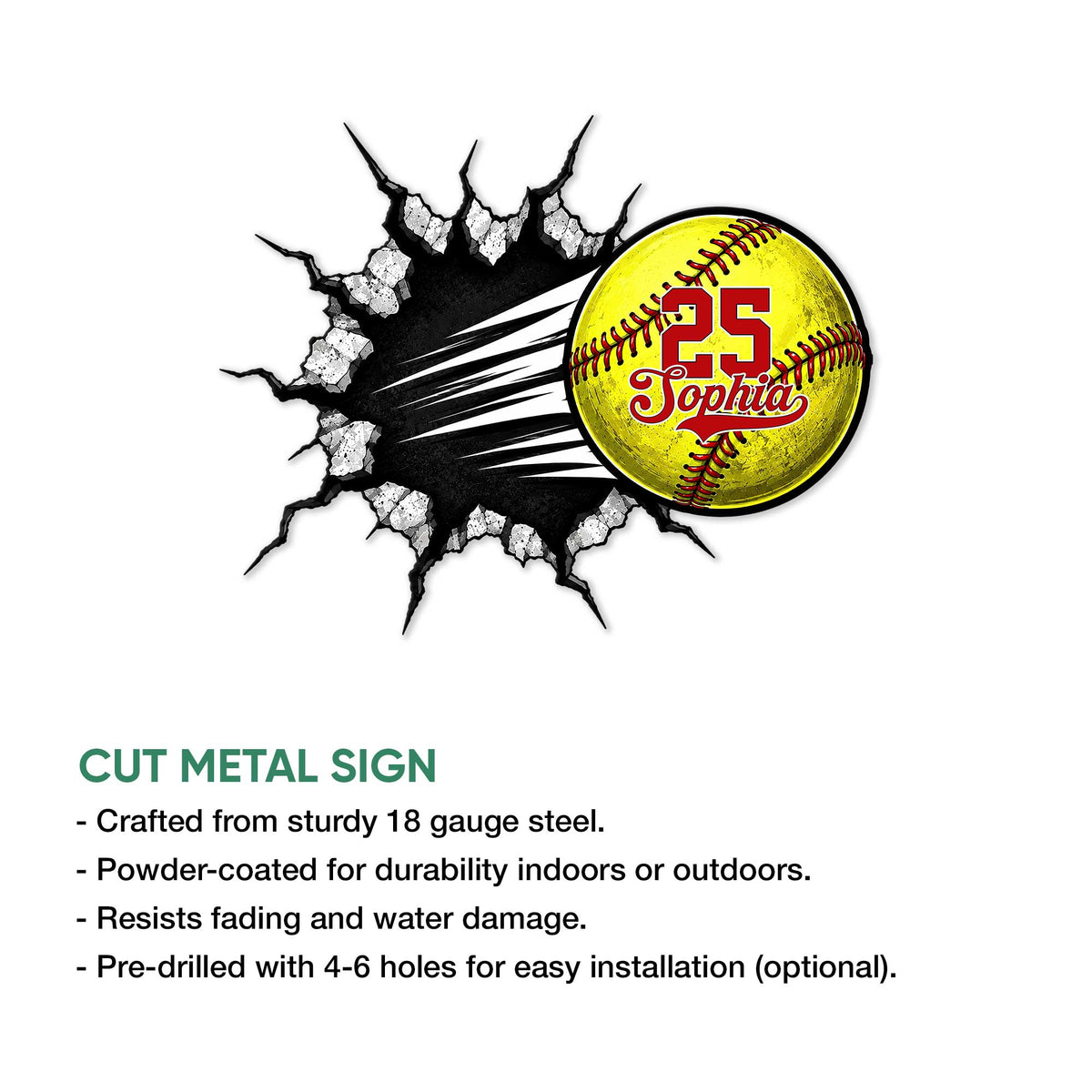 Softball metal sign shown with a dramatic cracked-wall effect and bold ball artwork