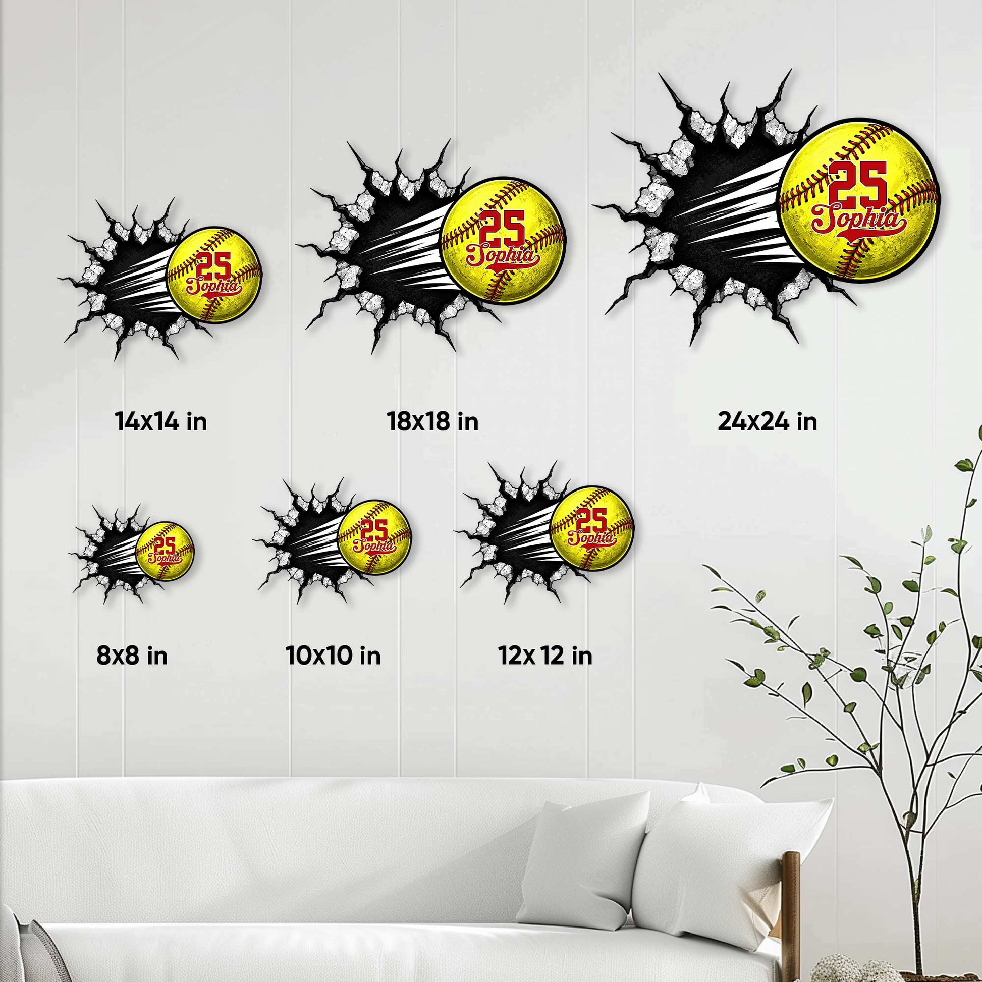 Softball metal sign size guide showing available square sizes from 8 by 8 to 24 by 24 inches