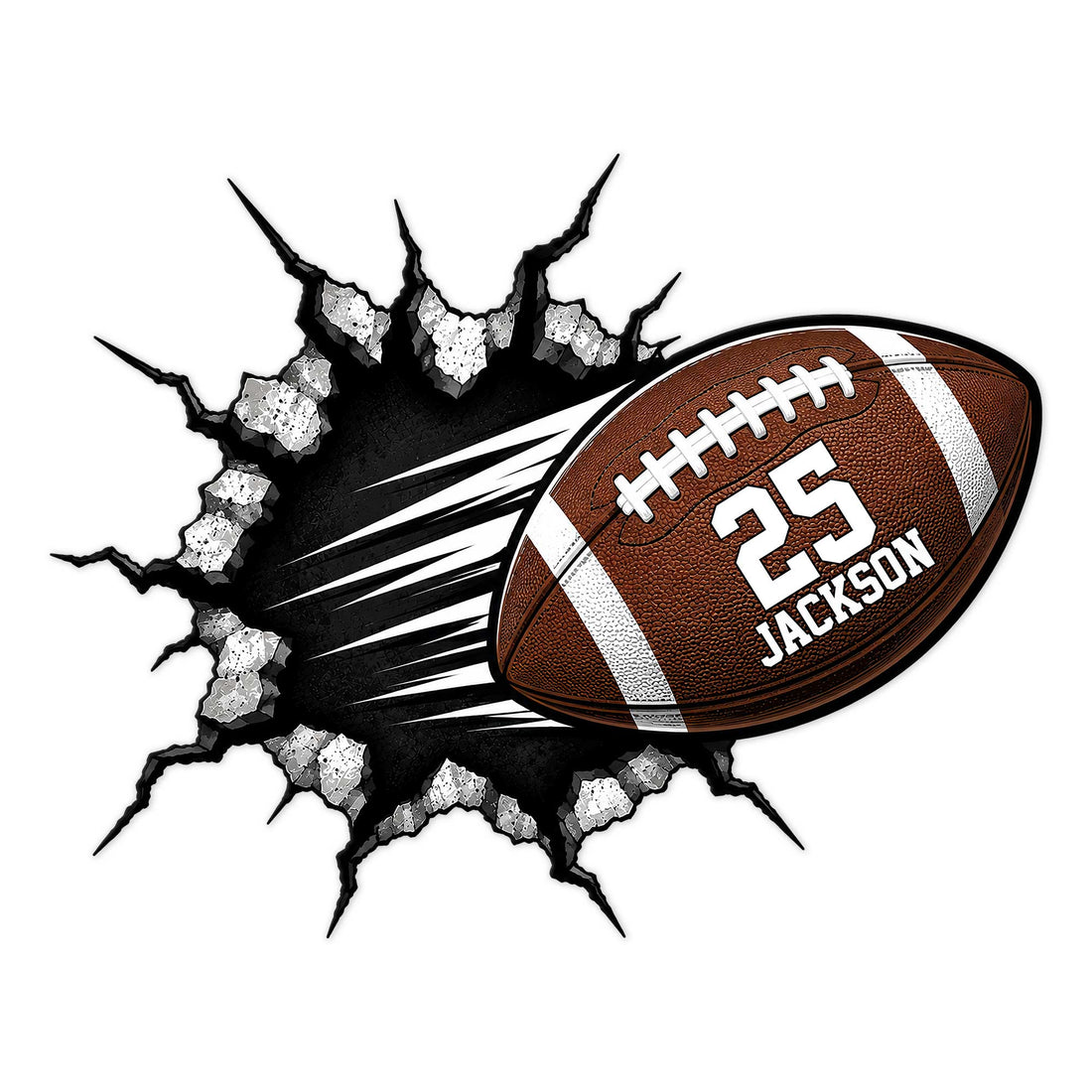 Custom football metal sign featuring a brown football breaking through a dramatic cracked black wall effect