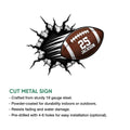 Football metal sign with a dynamic cracked-wall design shown alongside a cut metal sign feature graphic