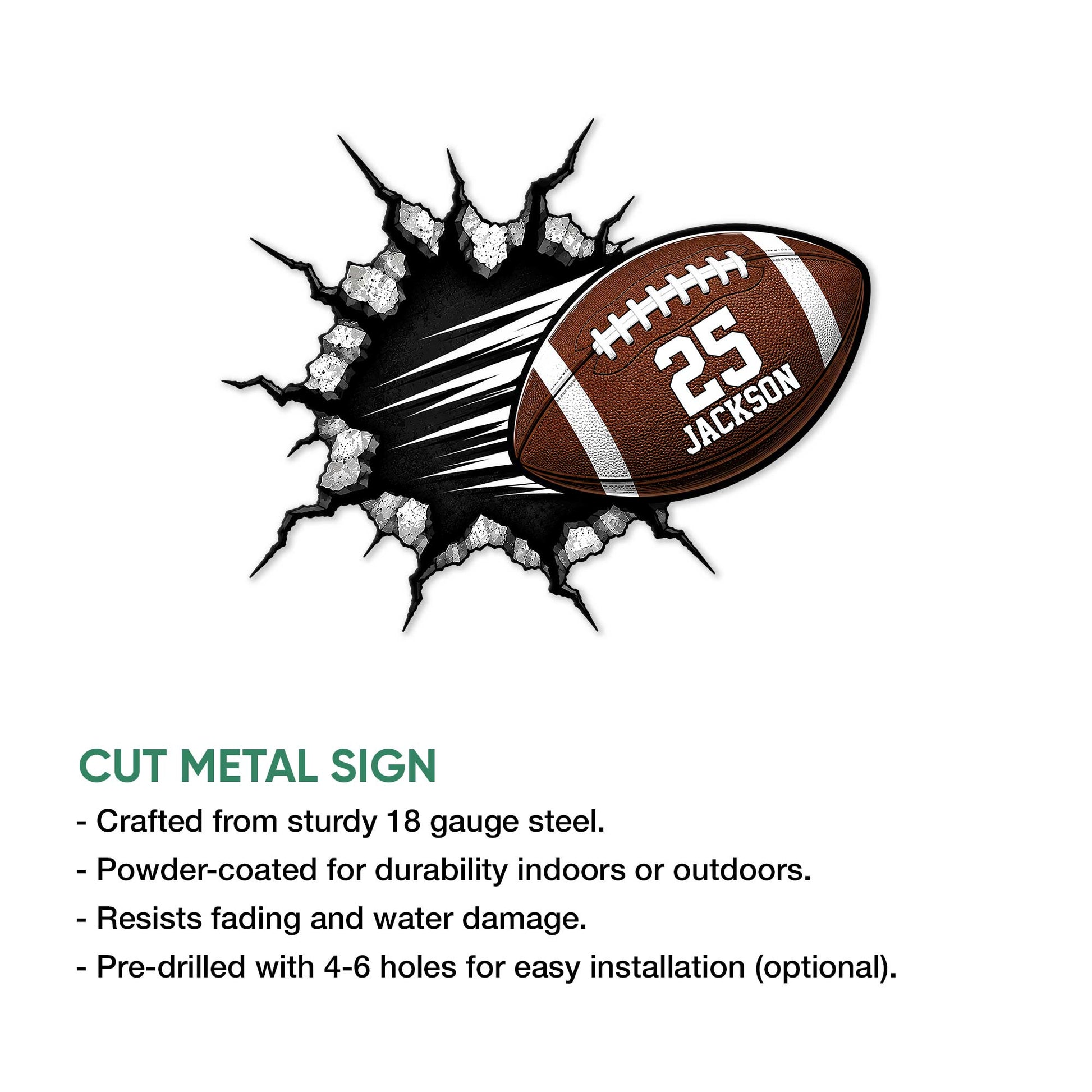 Football metal sign with a dynamic cracked-wall design shown alongside a cut metal sign feature graphic