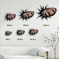 Football metal sign size guide showing multiple square size options in a living room wall display