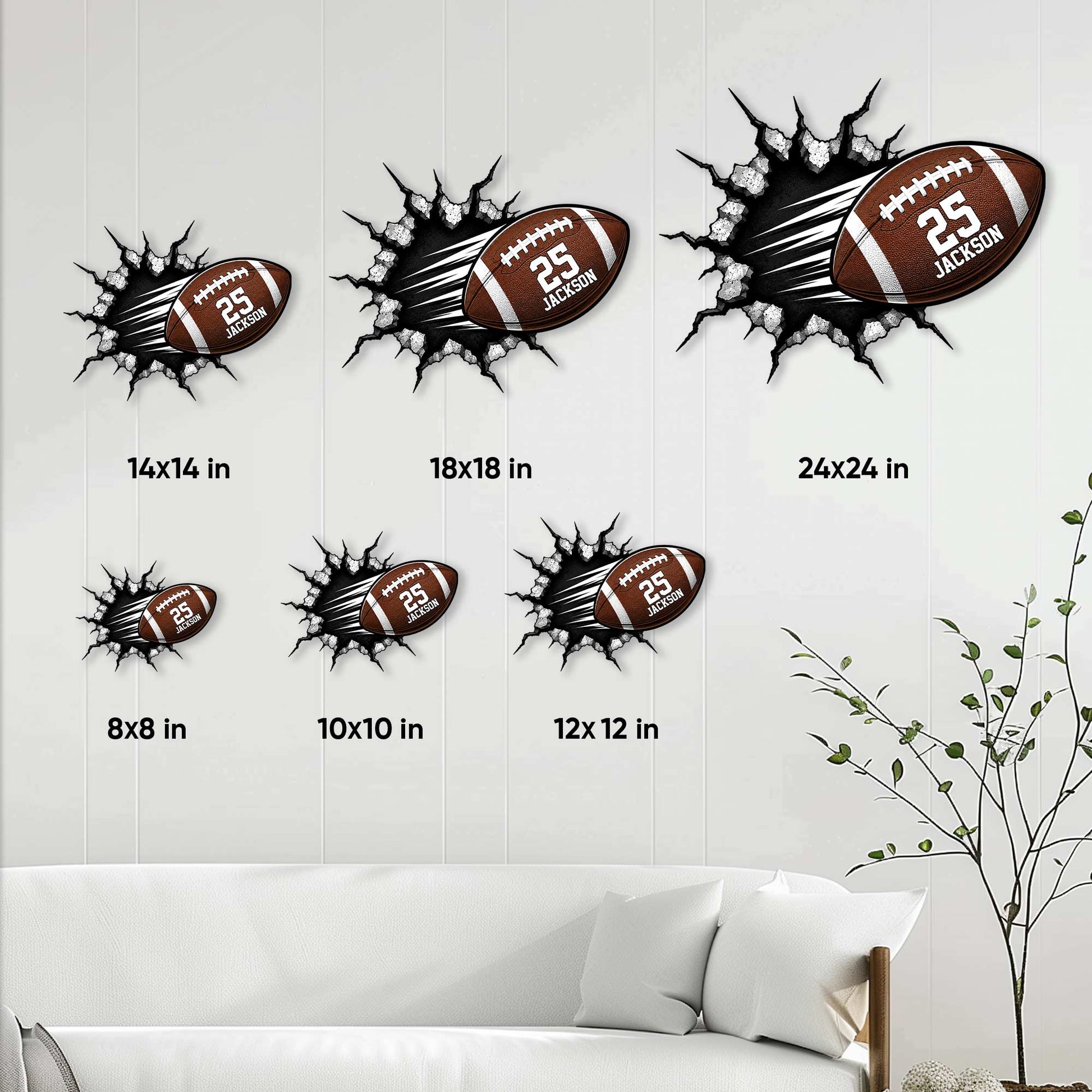Football metal sign size guide showing multiple square size options in a living room wall display