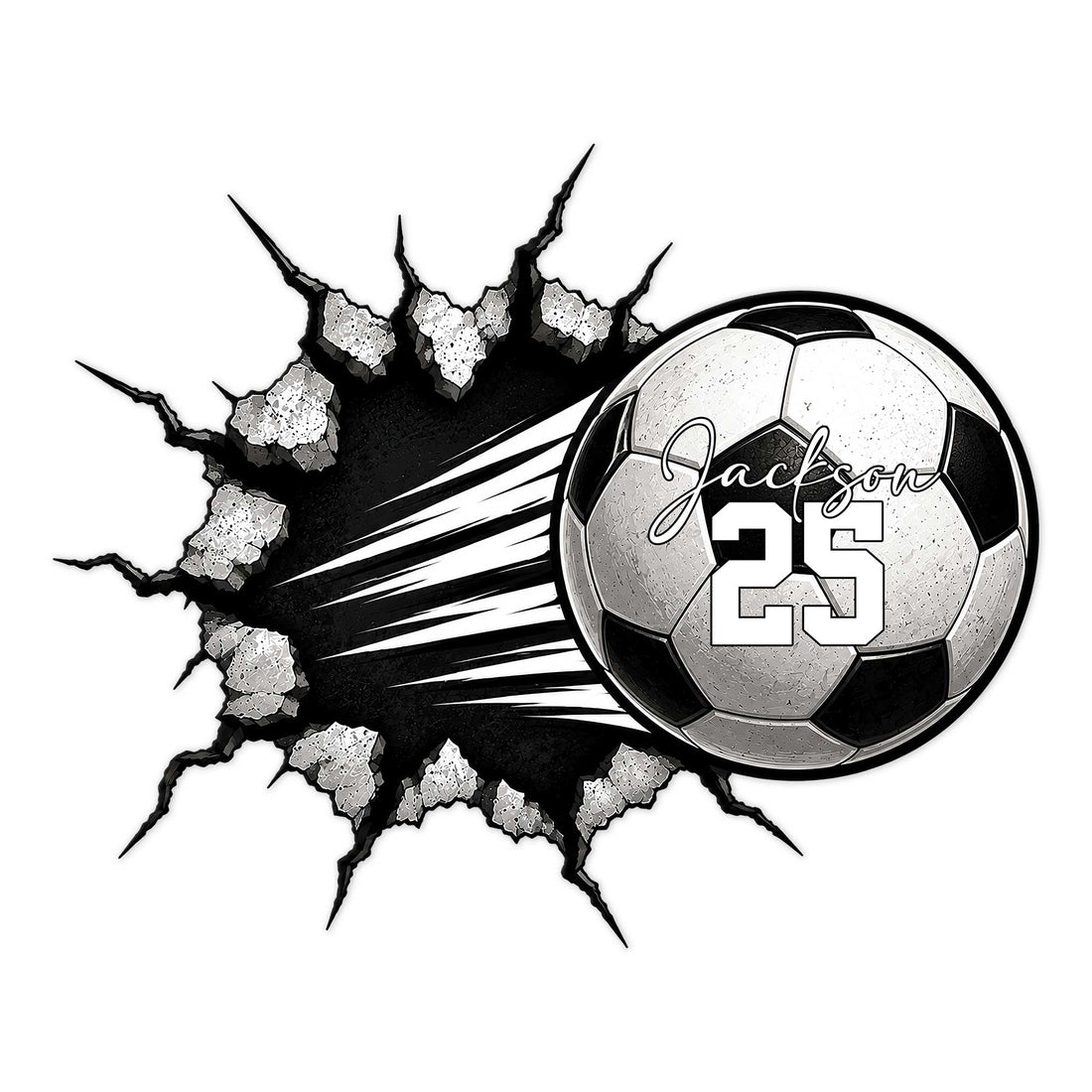 Custom soccer metal sign featuring a soccer ball bursting through a cracked wall with bold speed lines