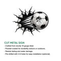 Soccer ball breaking through a wall on a cut metal sign, shown with product feature details