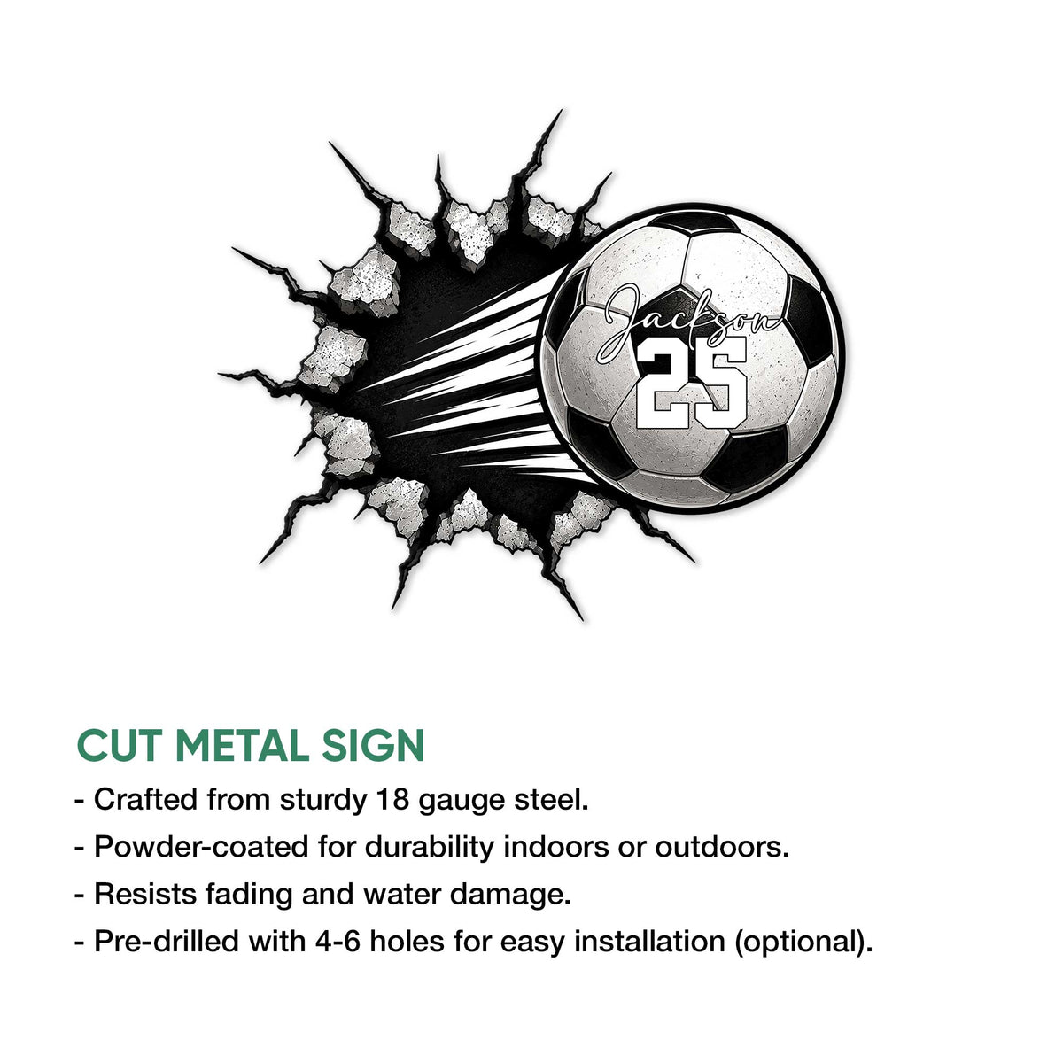 Soccer ball breaking through a wall on a cut metal sign, shown with product feature details