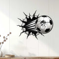 Soccer metal wall sign displayed on white paneling, featuring a ball bursting through a cracked surface