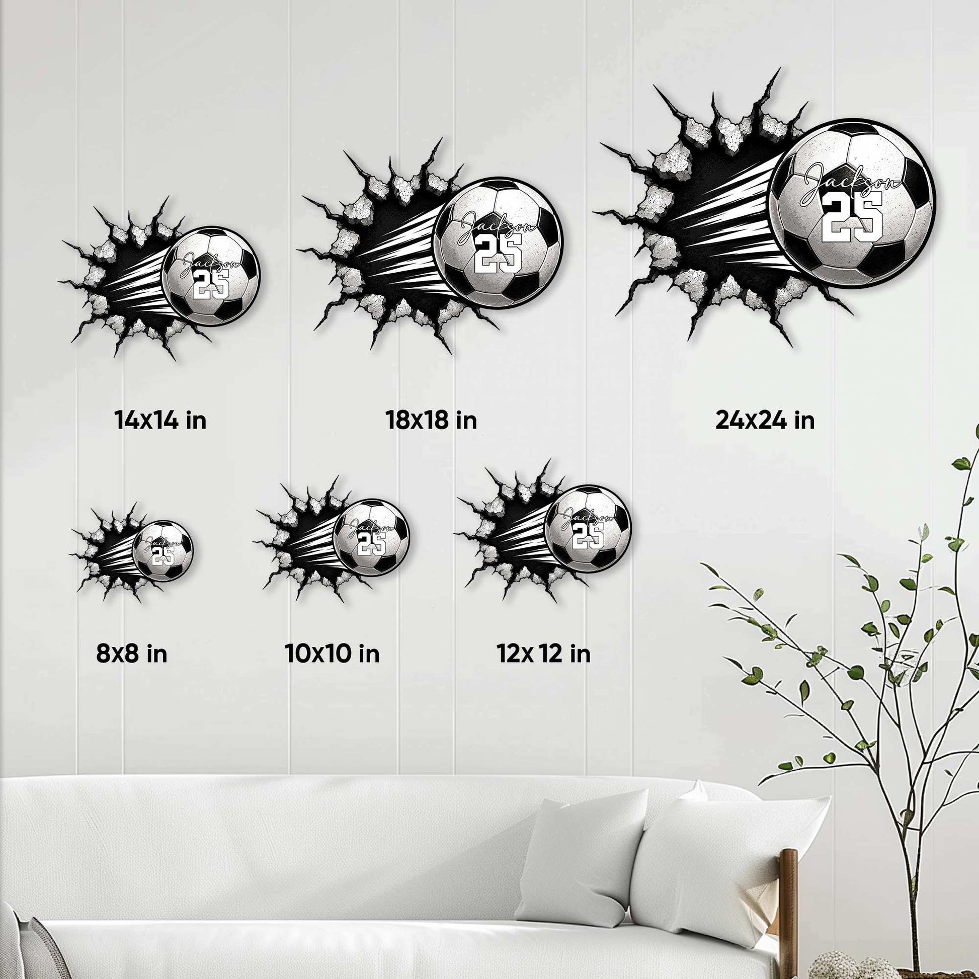 Soccer wall sign size guide showing options from 8x8 inches through 24x24 inches