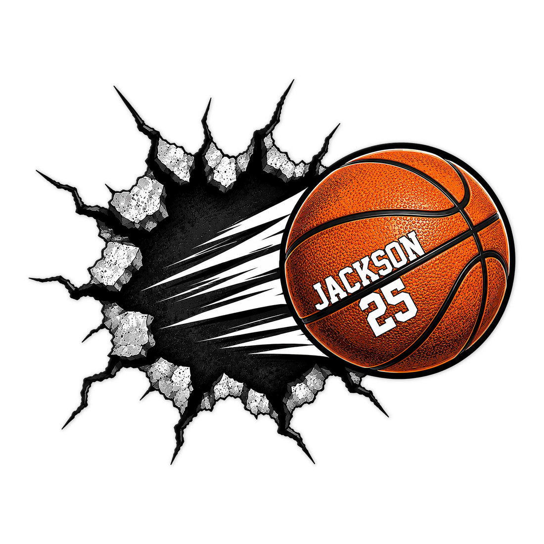 Custom basketball metal sign featuring an orange ball bursting through a rugged black wall