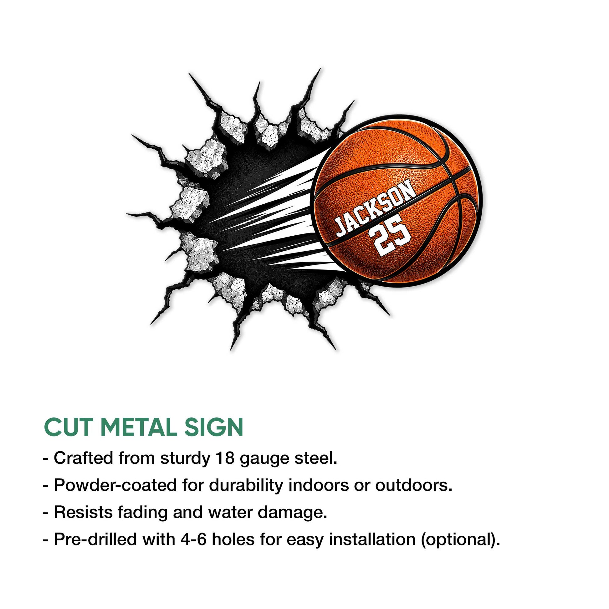 Basketball metal sign feature graphic showing the dramatic ball-through-wall design